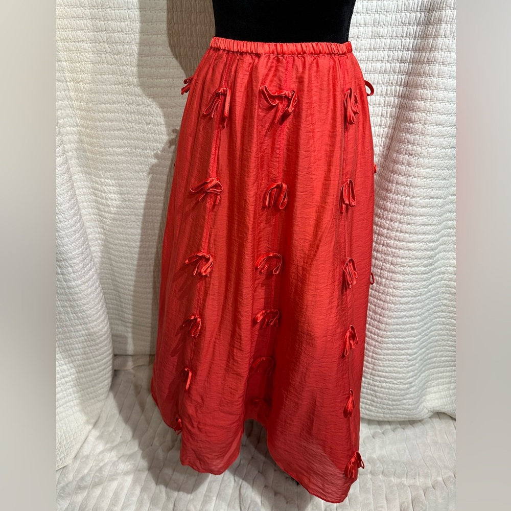 BOW APPLIQUE RED COTTON LAWN LINED MIDI SKIRT SIZE XS